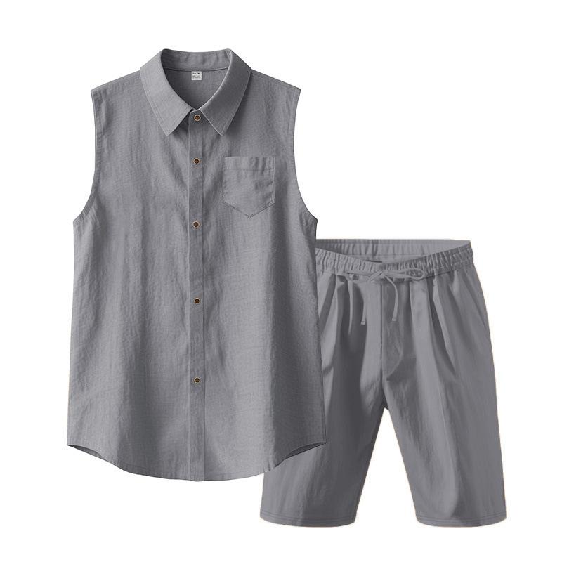 Loose Linen Sleeveless Collared Beach Shirt Casual Summer Fashion for Men Open Cardigan Style Clothing