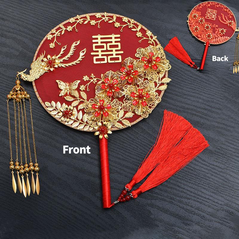 Vintage Chinese Wedding Dress Hanfu Decorative Fans Bridal Round Hand Fans Dragon Phoenix Handmade Gold Red Photography Fan Prop