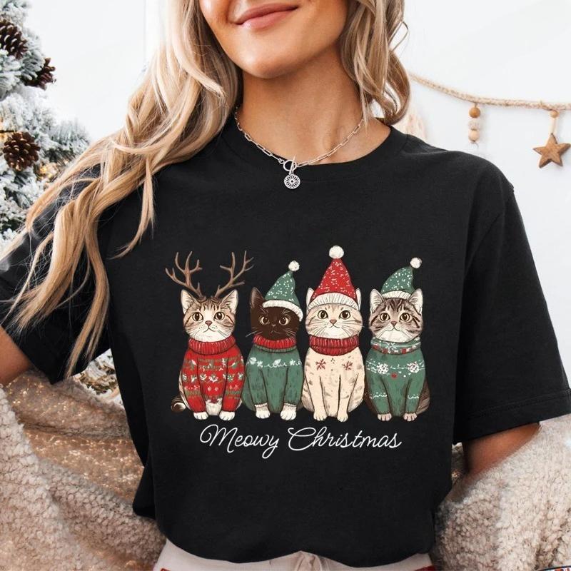 

New Year Xmas Meowy Christmas Cat Print Women Fashion T Shirt Girl O Neck Clothing Fashion Harajuku Kawaii Tshirt Y2K Clothing S