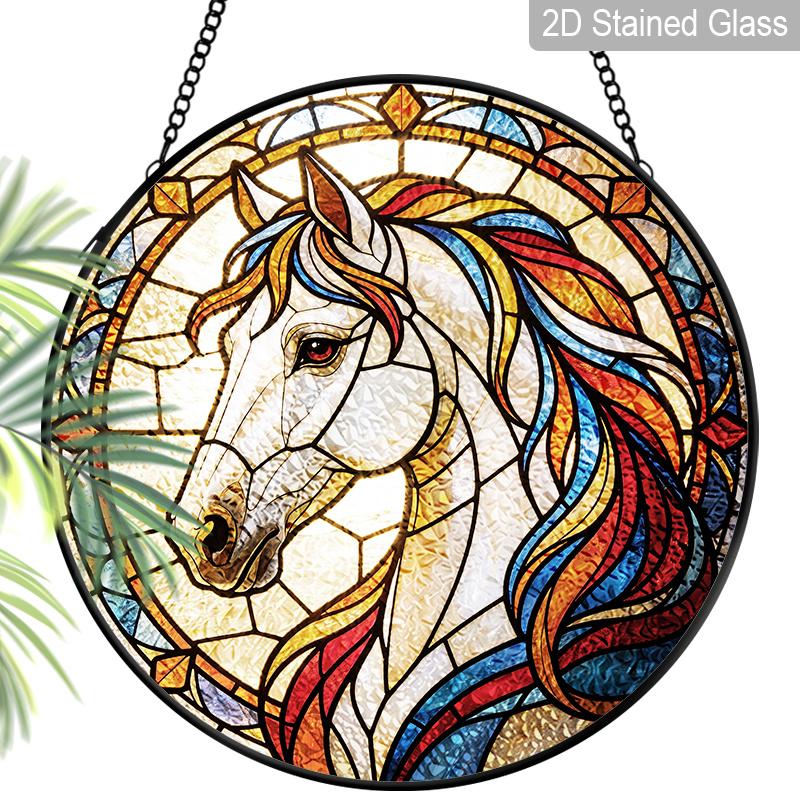 

2D Flat Stained Glass Vintage Horse Window Decoration, 7.87inches Cool Design Colored Glass Plate with Chain, Charming Sun Catcher Home Summer Decor 7.87inch