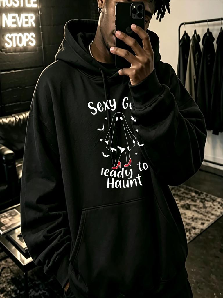Casual Streetwear Style, Hoodie, Sexy Ghost Ready to Haunt Graphic Print, Autumn Winter Daily Wear, Gift for Boyfriend Or Friend