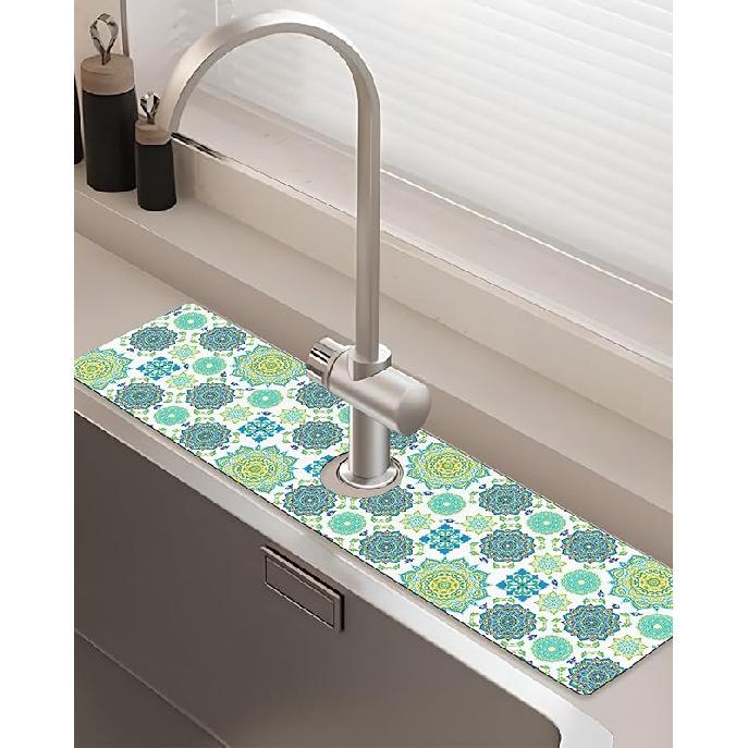Patterned Sink Faucet Mat Kitchen Splash Guard Super Absorbent Drying Mat, Non-Slip Drain Pad for Kitchen Counter or Bathroom-15x5.5in 15 x 5.5