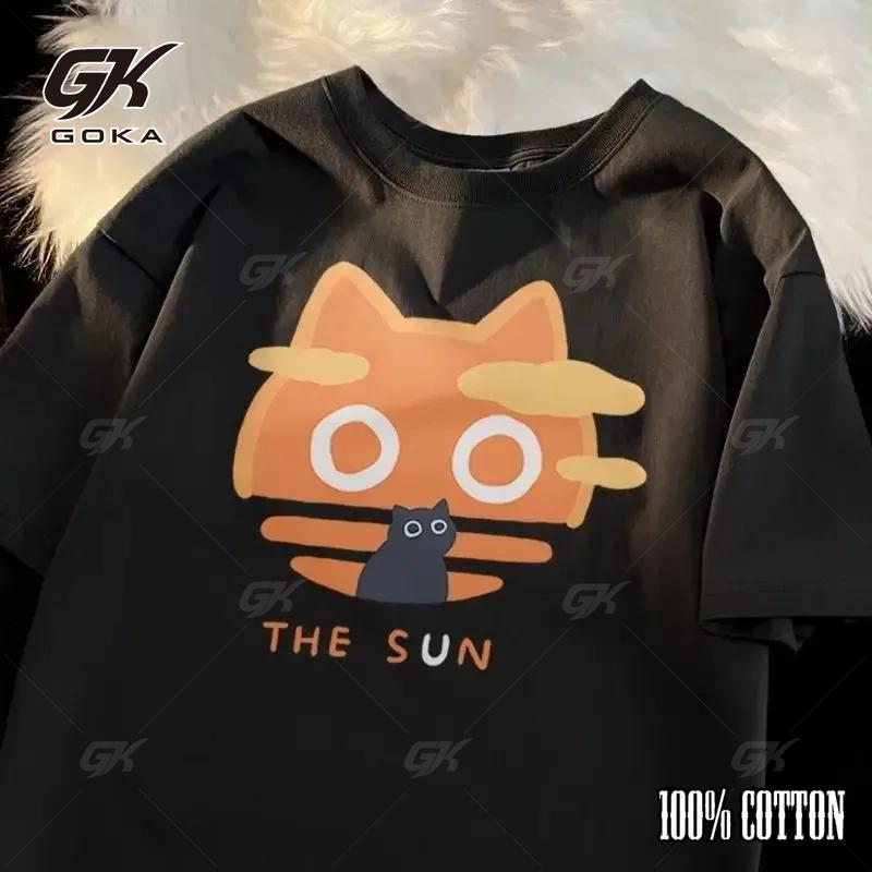 2024 Vintage Fan Cat and Women Cotton Printed Anime Funny Men T-Shirt Hip Hop Fashion Casual Plus Size Y2k Men's T Shirts Tops