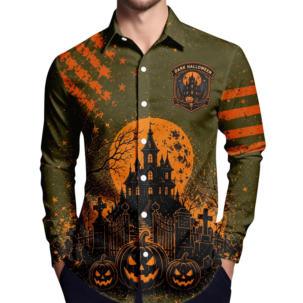 Men's Halloween Printed Long Sleeve Button Down Shirt for Party Costume