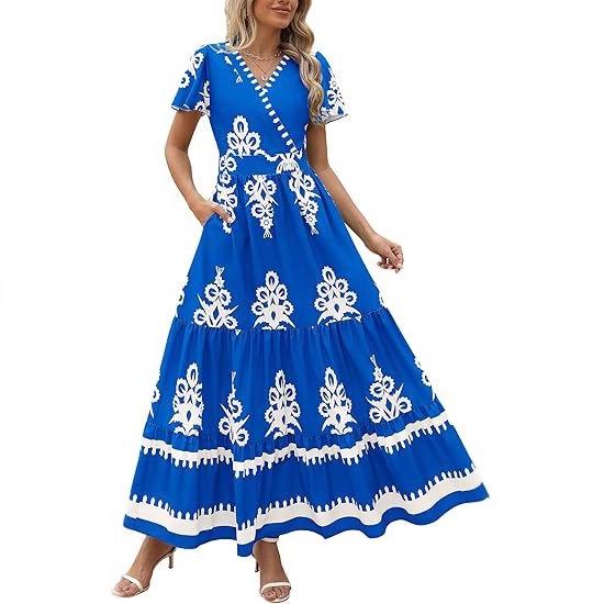 Women's V-neck flared sleeve floral print pocket short-sleeved dress