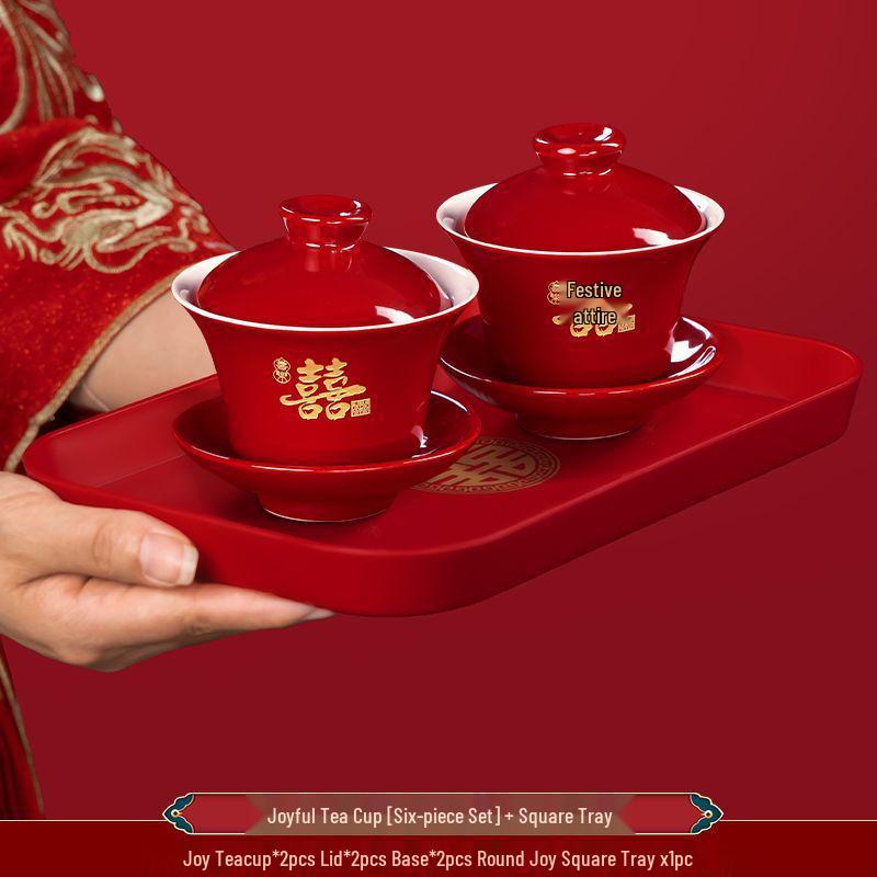 Ensemble de tasses à thé de mariage Double Bonheur: Service à thé rouge avec bol, baguettes et une paire de tasses - Parfait pour les cadeaux de mariage et la dot.