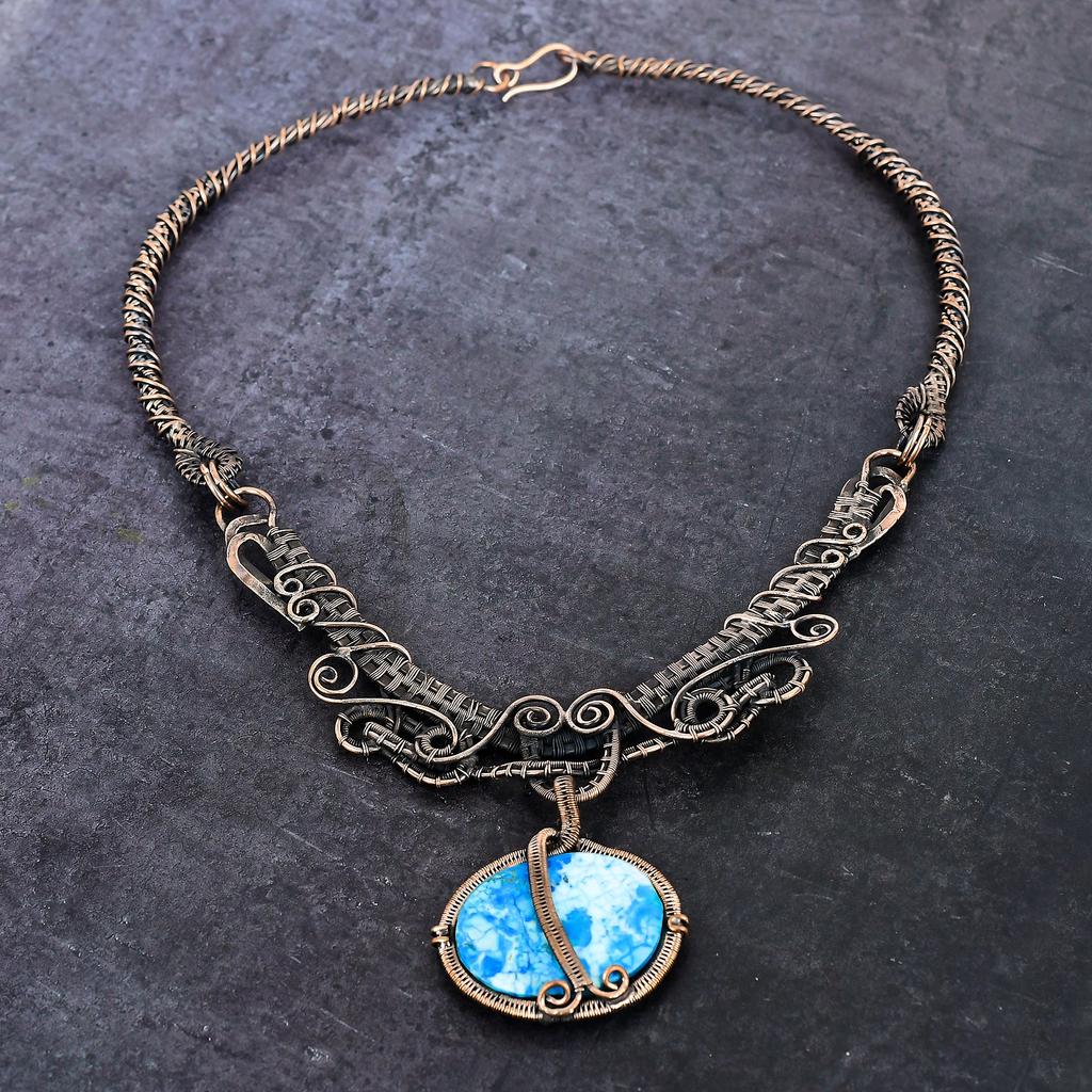 Natural Sea Sediment Jasper Gemstone Copper Wire Wrap Jewelry Necklace 18" n9n41