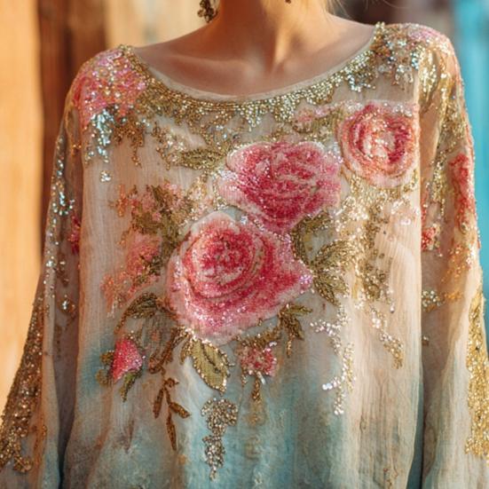 Damen Pullover Rundhals Langarm Lockerer Schnitt Pullover 3D Blumenmuster