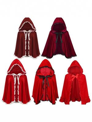 Women's Lace-Trimmed Red Hooded Cape - Halloween Costume Cloak Short Retro Trench Coat Stage Performance Wear