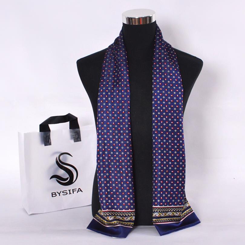 [BYSIFA] Brand Men Silk Scarf Muffler Winter Fashion Accessory 100% Pure Silk Male Plaid Long Scarves Cravat Navy Blue 160*26cm