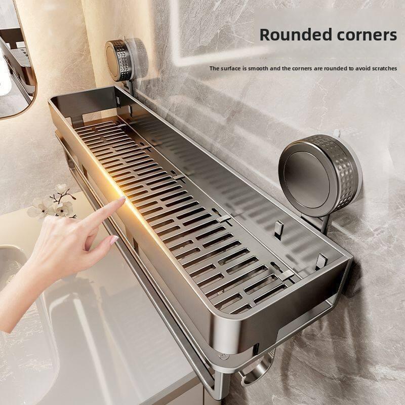 Modern Minimalist Suction Cup Bathroom Shelf With Hooks For Home Organization