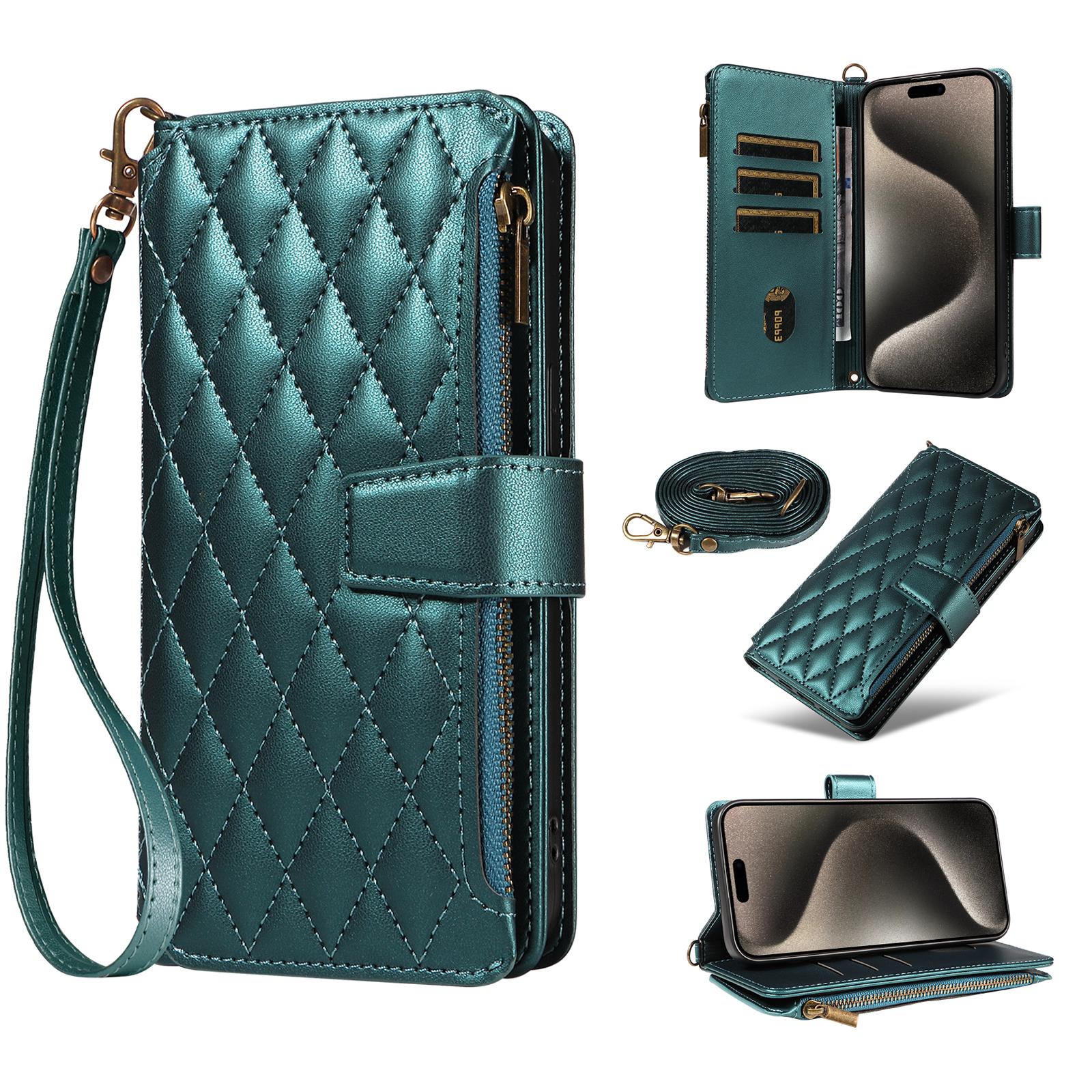 

For iPhone 16 Pro Max Leather Case with Card Holder, Straps, RFID Blocking Wallet Phone Cover Rhombus Pattern F