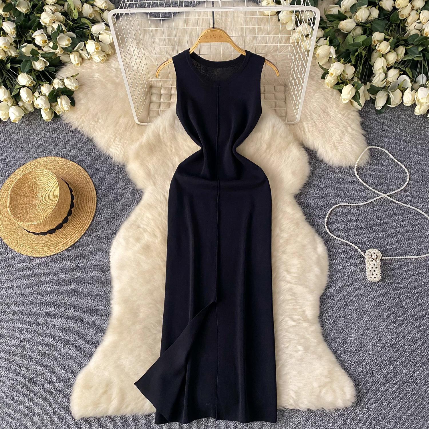 

Сексуальна шикарна солодка трикотажна сукня без рукавів і розрізних вінтажних елегантних вечірніх модних тонких літніх суконь А-силуету One Size чорний