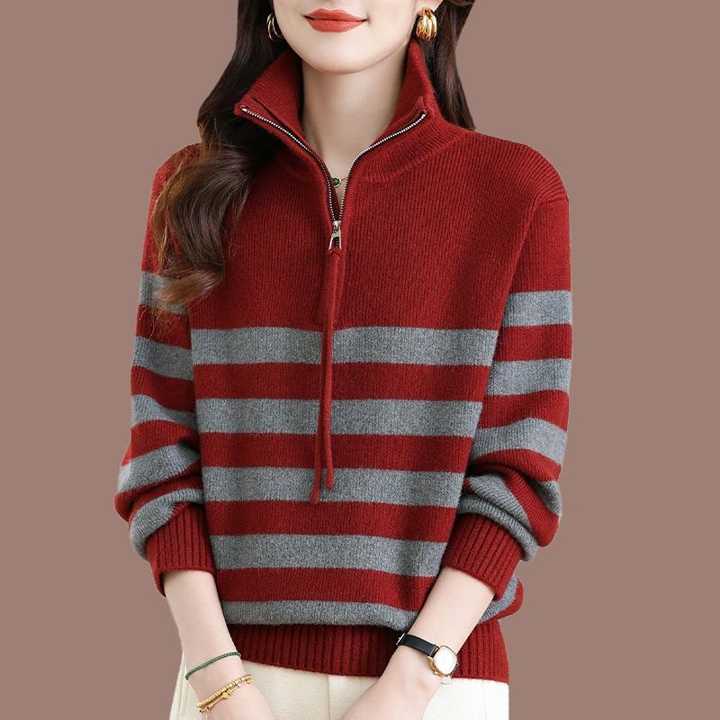 Half Zipper Sweater Women's New Autumn and Winter Lapel Collar Inner Bottoming Shirt Striped Knitted Sweater Top