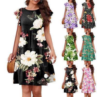 Summer Beach Dress For Women Casual Round Neck Tunic Ruffle Short Sleeve A-Line Tiered Babydoll Dress Flowy  Dress