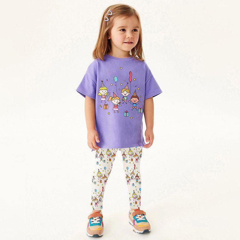 New Children's Clothing Girls' Set Cartoon Cute Purple Children's Short-Sleeved Summer Outfit with Long Pants Two-Piece Set for Toddlers