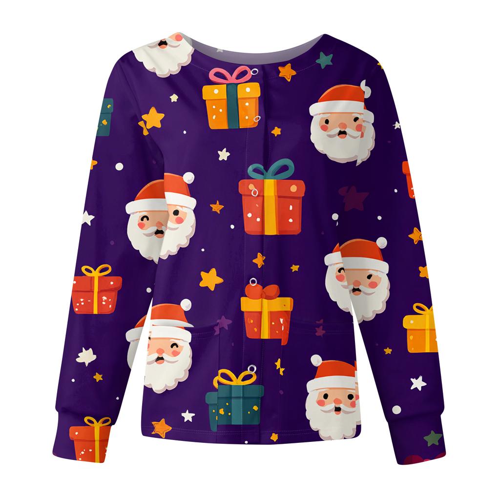 Women's Casual Fashion Long Sleeve Standing Collar Single Breasted Christmas Print Workwear Jacket Tops