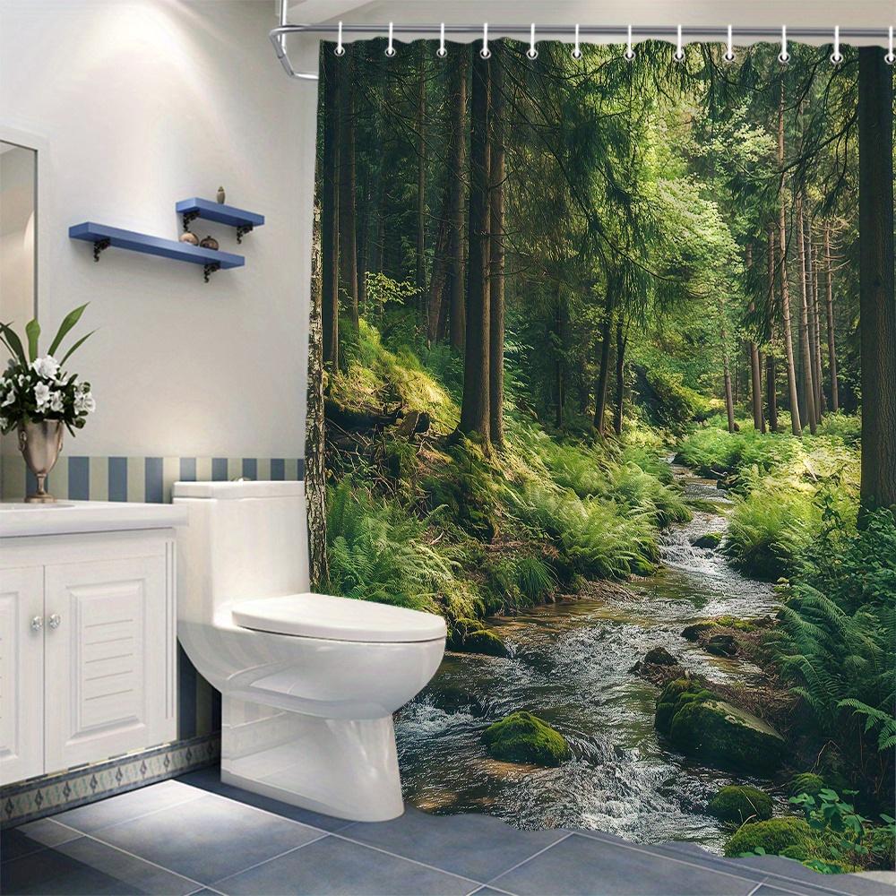 1Pc Serene Forest Stream Bath Curtain Polyester Fabric Bathroom Decor With Moss-Covered Rocks, Tall Pine Trees, And Sunlight Fil