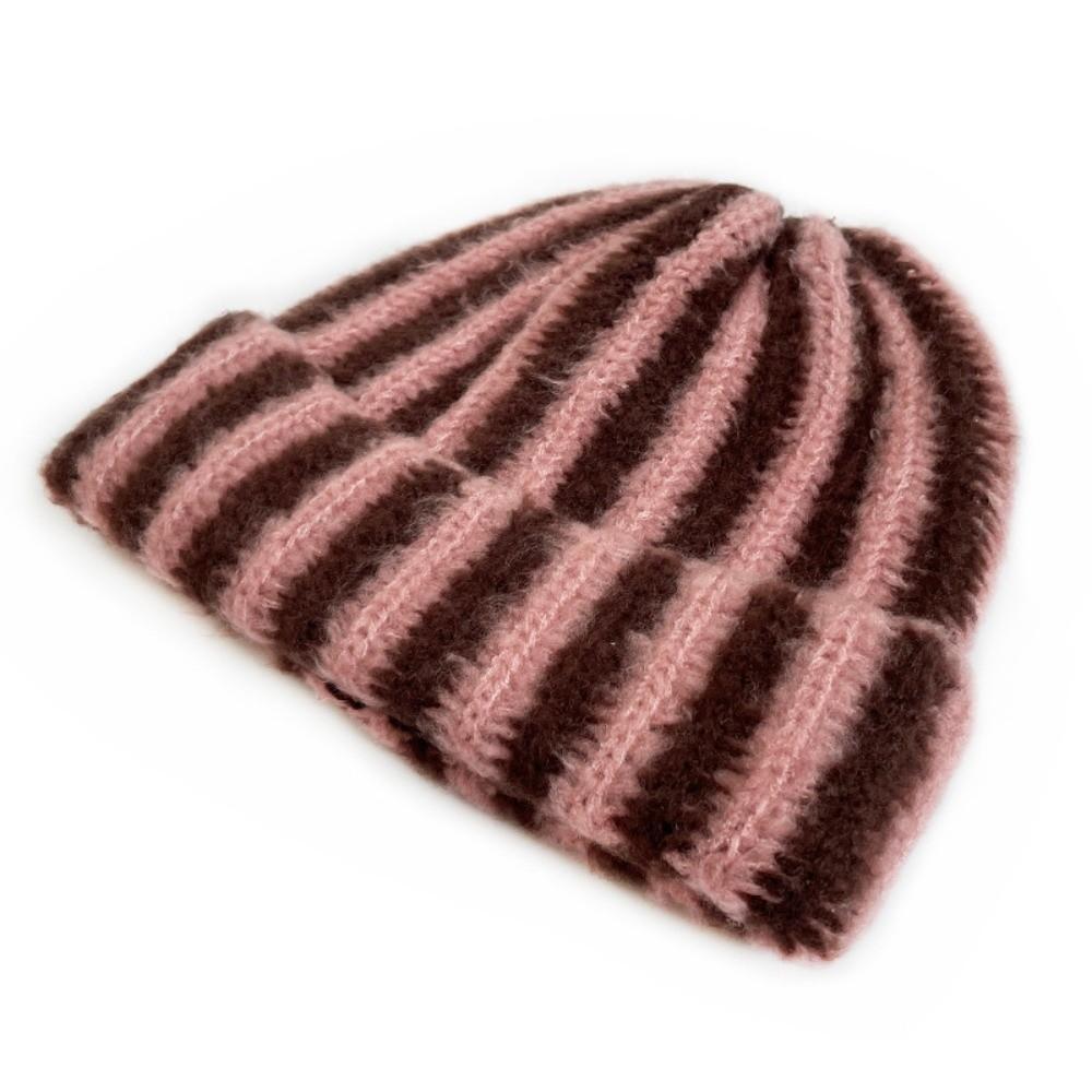 Color Blocked Ribbed Knit Cap Thick Warm Hat Brimless Striped Beanie Hat  Outdoor