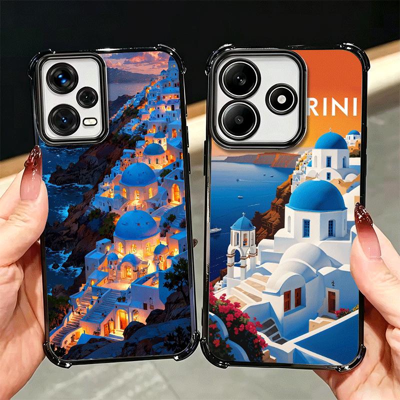 Santorini Greece Summer Plating Phone Case For Xiaomi Redmi Note 14 15 Pro Plus 13 12 11 11S 11T 10 9S 9 5G Anti-Fall Airabag Co