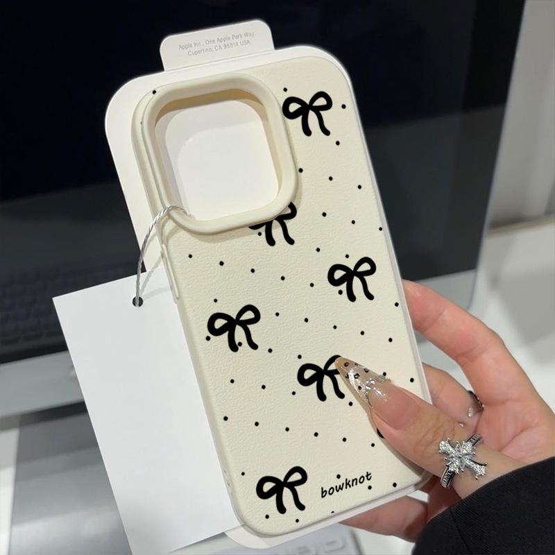 Czarne kropki, kokarda, nadruk, miękkie matowe etui na iPhone 16 Pro Max 15 Pro 14 13 12 11, TPU, tekstura skóry, odporne na wstrząsy, smukłe etui na telefon