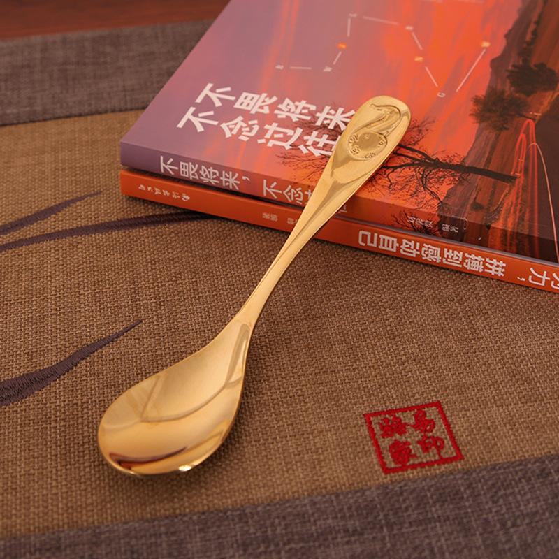 Pure Copper Zodiac Spoon Household Brass Spoon Children's Eating Spoon Creative Cartoon Long Handle Thickened Copper Spoon Tableware Home