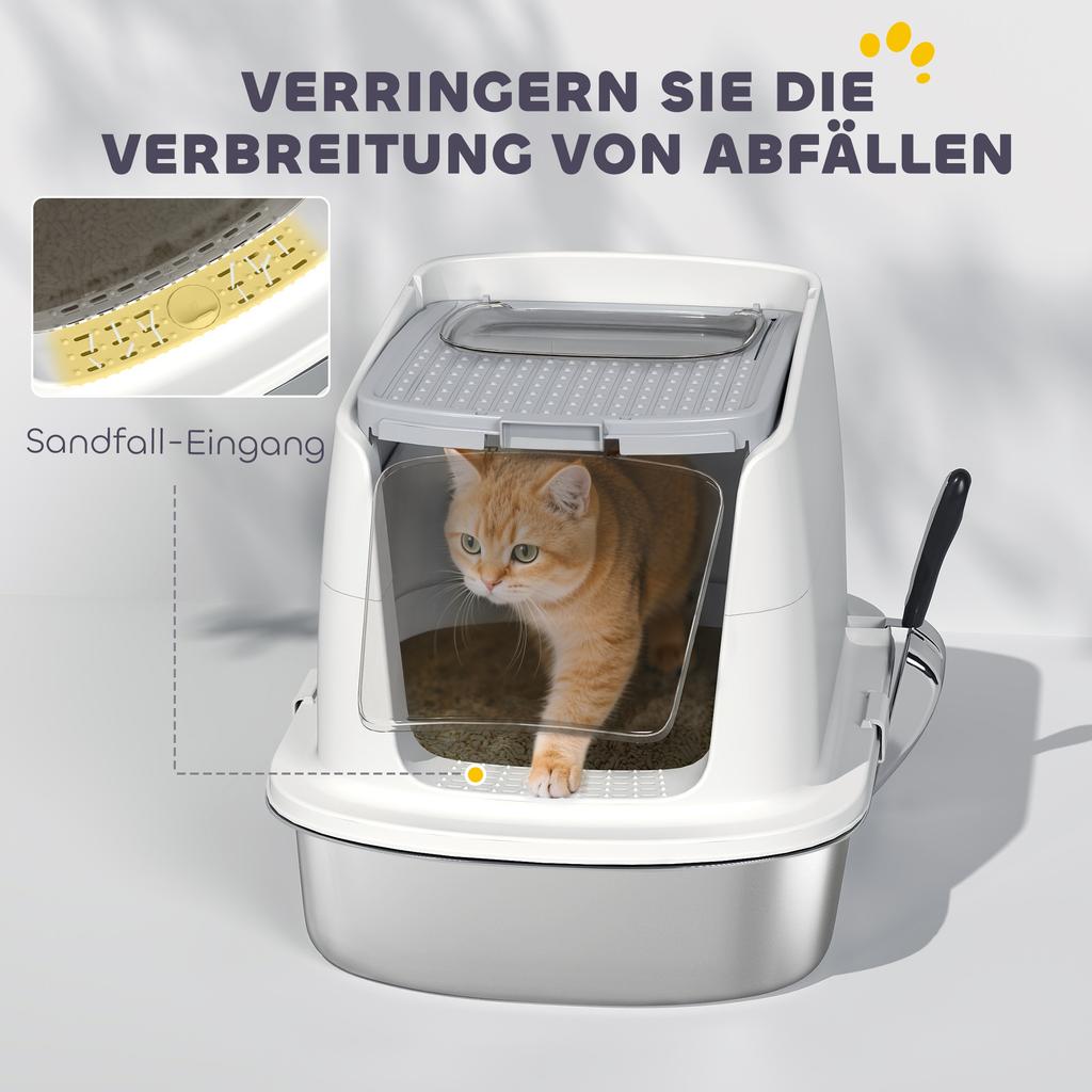 Large Stainless Steel Litter Box, Enclosed Metal Cat Litter Tray with Scoop, Deodoriser Bag, Front-Entry and Top-Exit