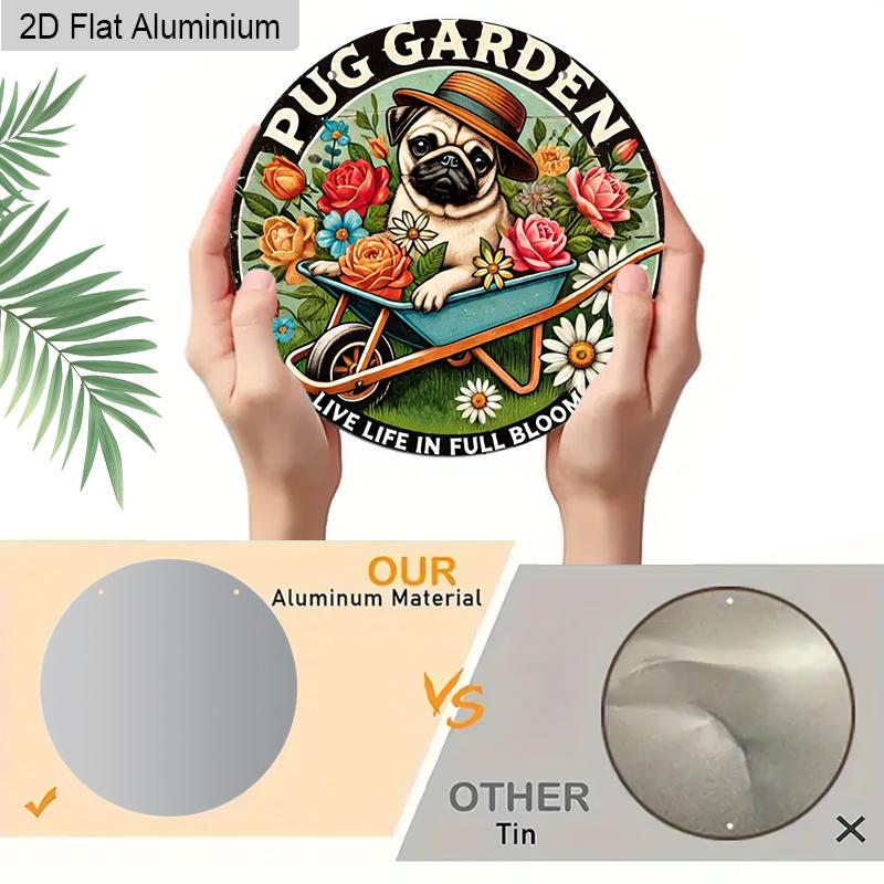 2D Flat 1pc Humorous Garden “PUG GARDEN” Aluminum Sign Round Decorative Hanging Ornament, Home Kitchen Garden Balcony Fence Decor, Gardening Studio