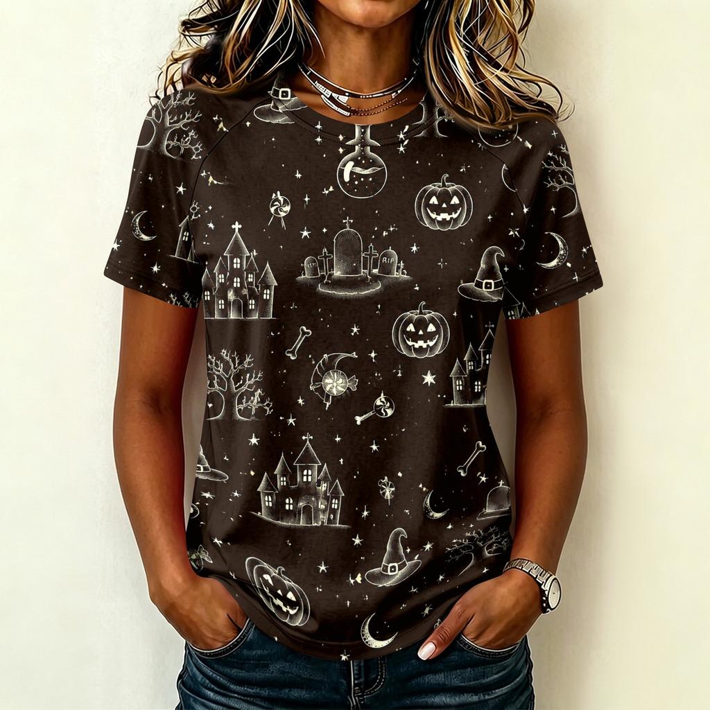 Women Raglan Sleeve Casual Short Sleeve Top Halloween Print Round Neck T Shirt Lightweight Comfortable Fit