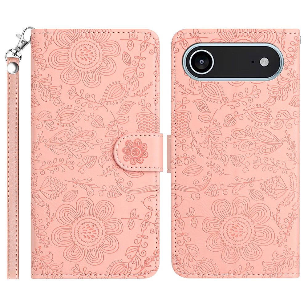 For iPhone 17 Air Case Flower Imprint Leather Flip Wallet Phone Cover with Wrist Strap