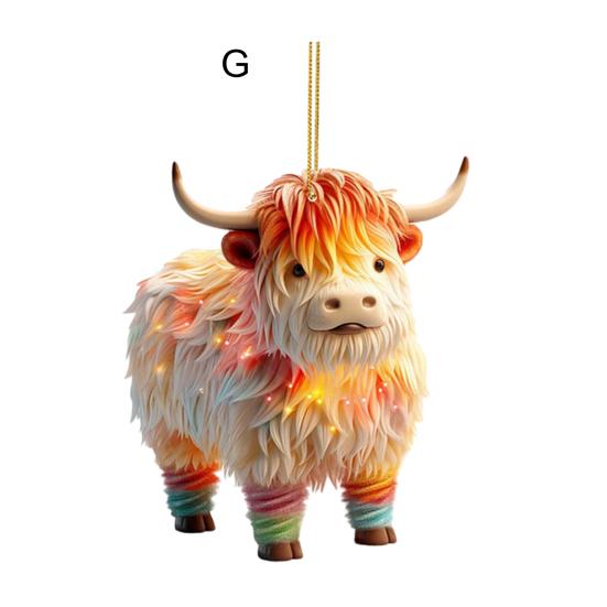 Christmas Cow Ornament Xmas Tree Cartoon Highland Cow Hanging Decorations 2D Flat Acrylic Pendant for Car Rearview Mirror Tree Decor