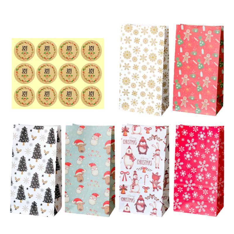 12Set Christmas Gift Bag Kraft Paper Bags Santa Claus Snowman Xmas Party Candy Bag Cookie Xmas Packaging Bag Pouch Wrapping