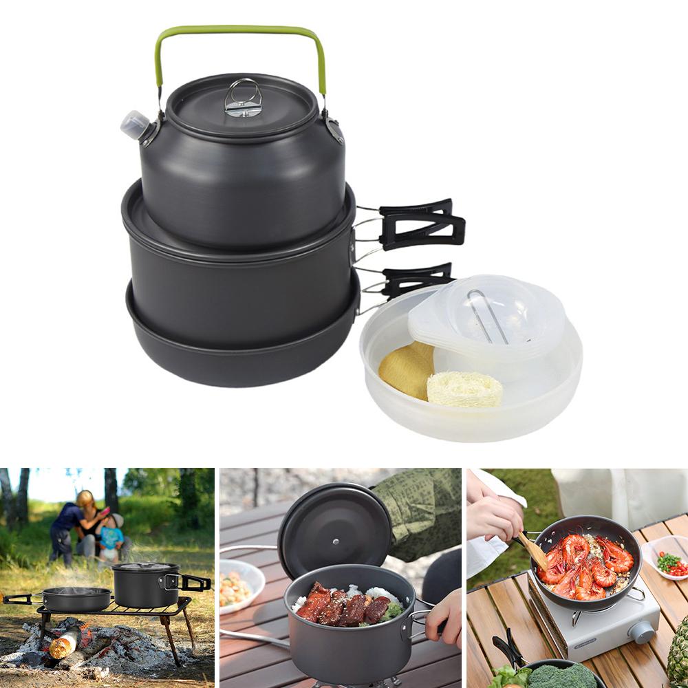 15Pcs Hard Anodized Camping Cookware Set for 4-5 People, Portable Outdoor Combo Kit with Pot, Frying Pan, 1.2L Kettle & Tableware, Black Handles