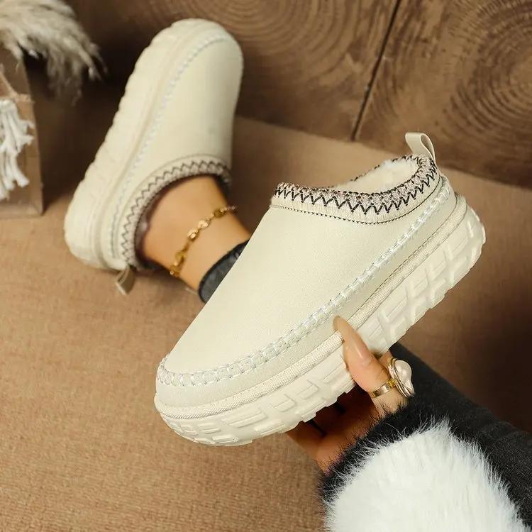 Fashion Women's Thick Bottom Snow Boots Fleece Lined Slip-On Slippers Autumn Winter New Style Cotton Plush Clog Fashion Slippers