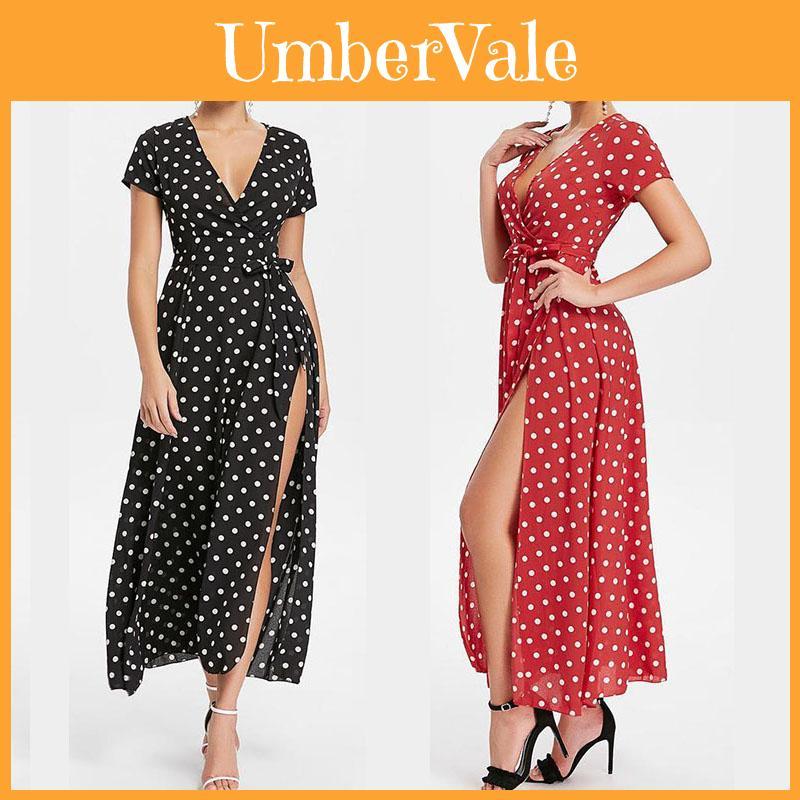 Women Short Sleeve V Neck Swing Dress With Elegant Polka Dot Print And Slit Detail