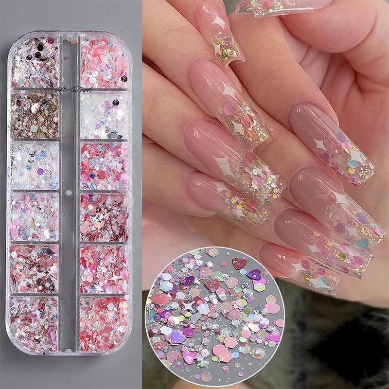 Colorful Glitter Sequin Mixed Set 12 Grids Star Heart Shapes Nail Art Shaker Flakies Paillette Manicure Sparkling Decor