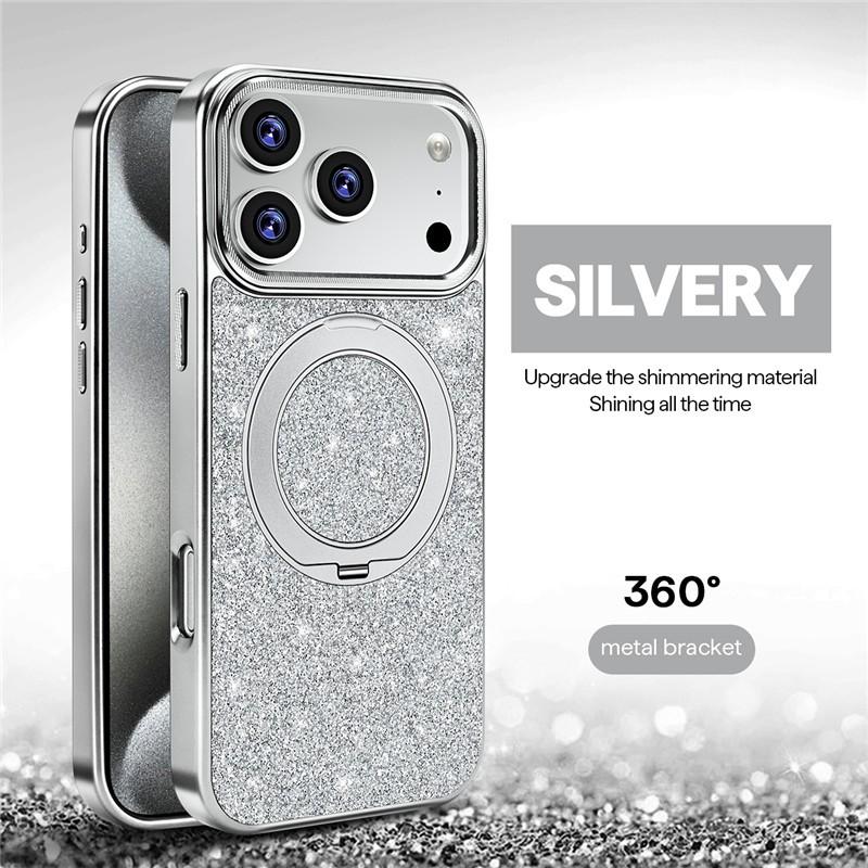 Magnetic Metal Bracket Shining Stand Case For iPhone 12 13 14 15 16 17 Pro Max Air Wireless Charging Luxury Metal Buttons Cover