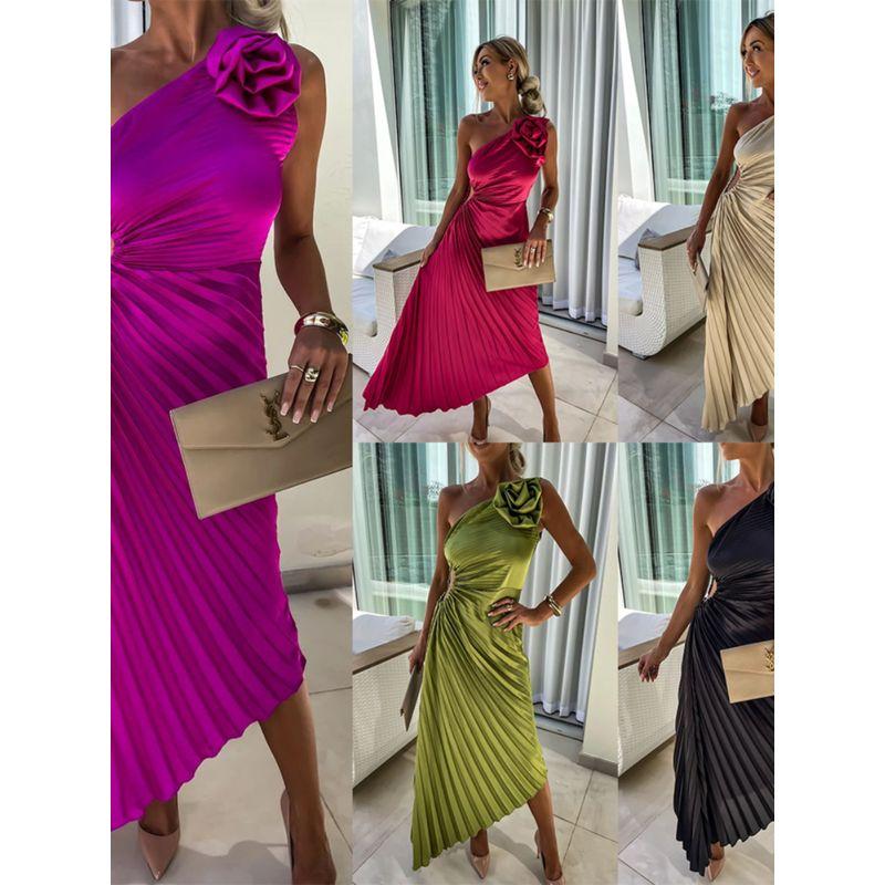 European and American Women Clothes New Solid Dress Fashion Sexy Sloping Shoulder Pleat Hollow Formal Dress