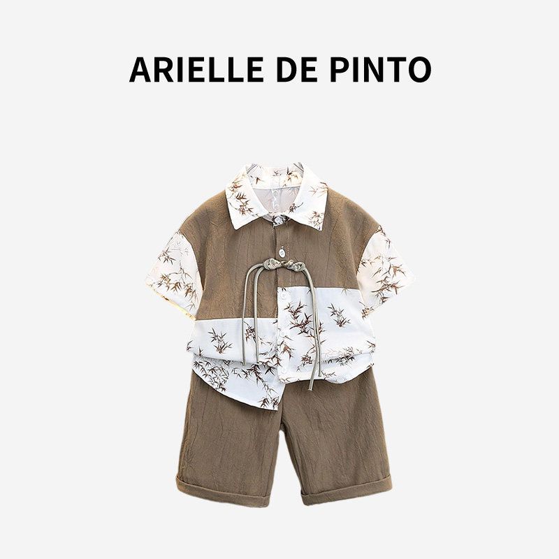 French Arielle De Pinto Boys  Feather Suit Summer New Style National Style Short-Sleeved Hanfu Two-Piece Set Curry color 150