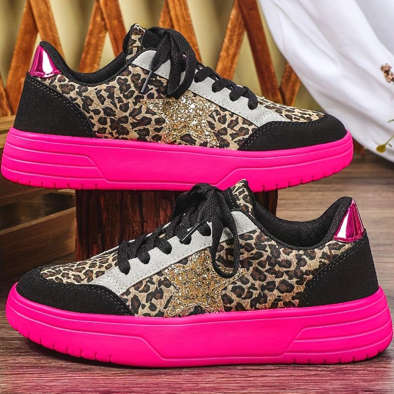 Women's Multi-Color Sneakers Neon Pink/Golden Glitter Low-Top Lace-Up EVA Cushion Leopard Print All-Season Casual Vacation Work Parties