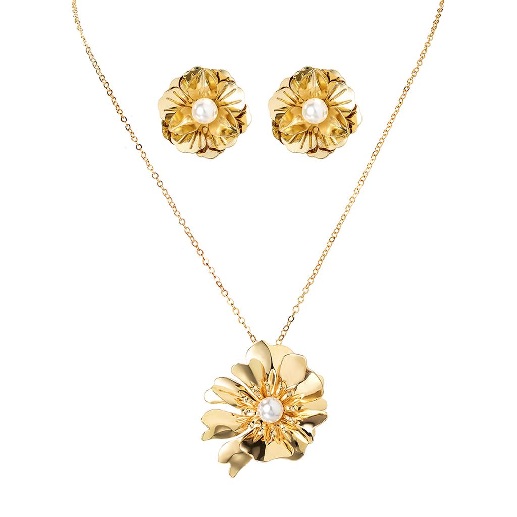 1 pair of earrings+1 necklace simple and fashionable multi-layer petal earrings imitation pearl flower pendant necklace