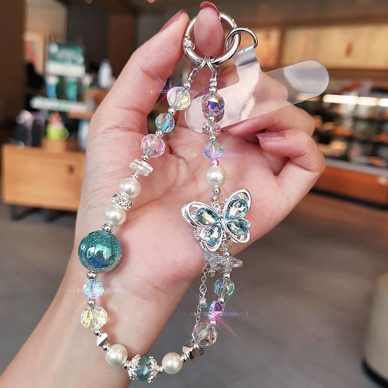 

Crystal Beaded Mobile Phone Chain Butterfly Pendant Colorful Round Bead Strap Premium Sense синій