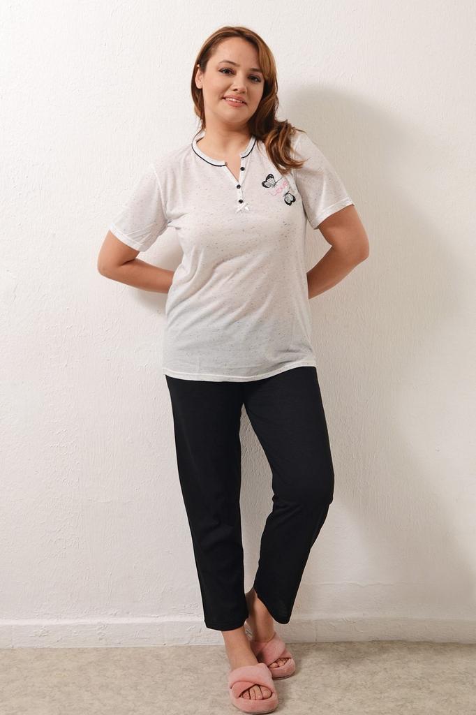 Damski Styl Plus Size Zestaw Piżamowy Ekru Czarny Haftowany Krótki Rękaw Duży Rozmiar Zestaw Piżamowy