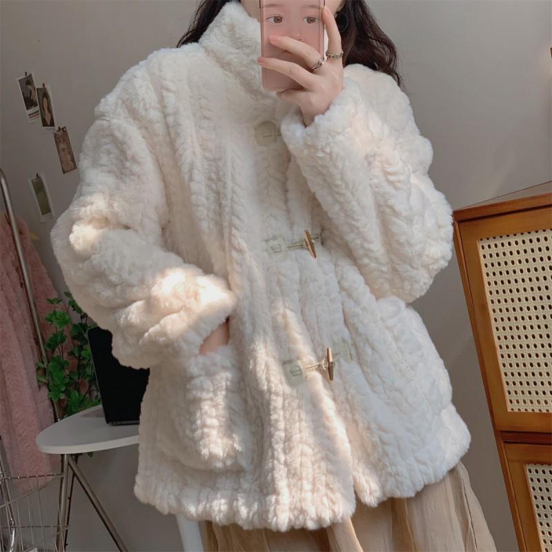Lamb Wool Coat Women Winter Thick Imitation Otter Rabbit Hair Loose Plush Horn Buckle Round Collar W All-match Student