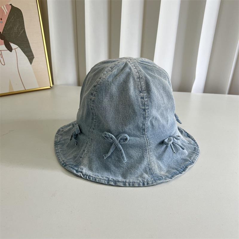 

Sweet and cute bow retro face little fisherman hat children do old denim sunshade foldable sunscreen hat tide M（56-58cm） светло-синий