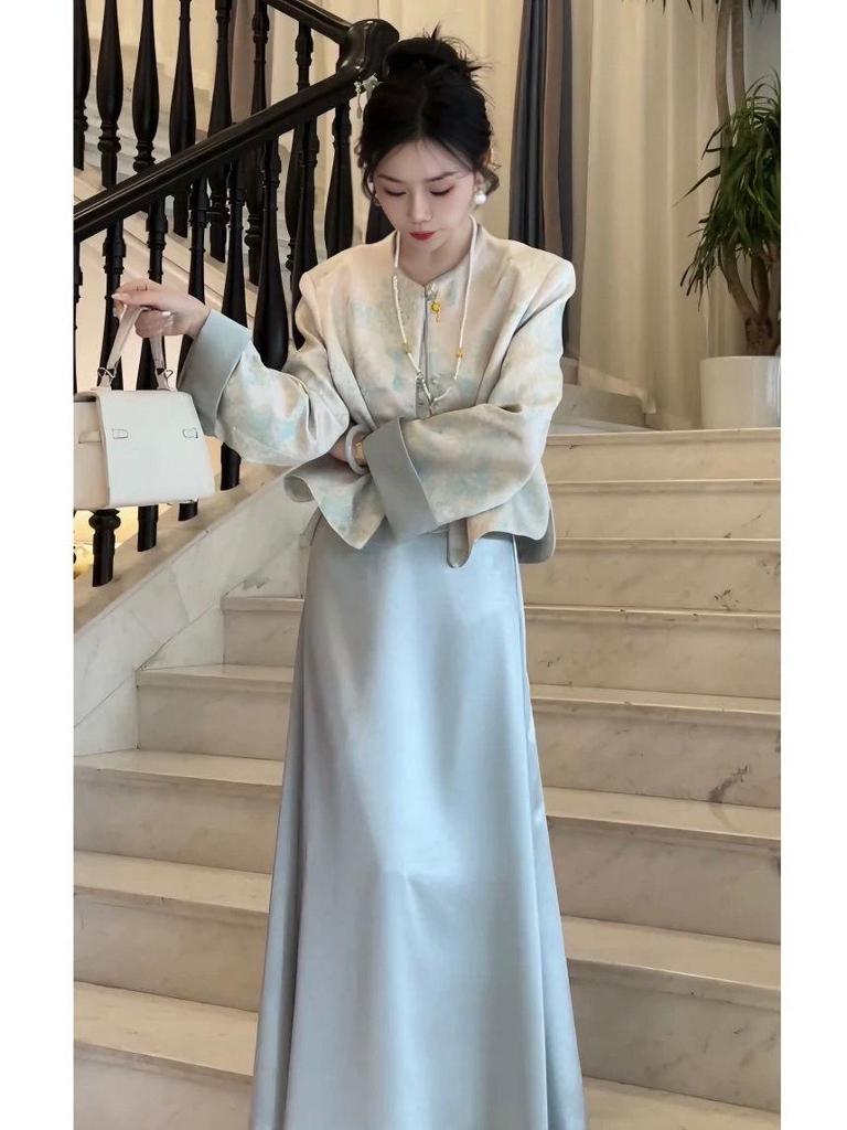 2025 Spring Women's Chinese Jacquard Frog Button Coat with Satin Midi Skirt Set