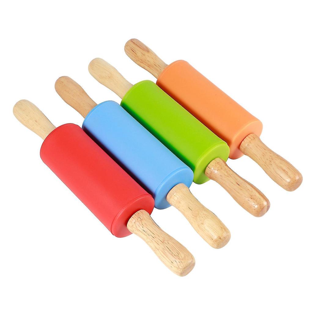 4PCS Mini Rolling Pin, Kids Rolling Pins Wooden Handle Non-Stick Silicone Rolling Pins Pastry Brushes Dough Roller for Baking Pizza Cookie Pastry