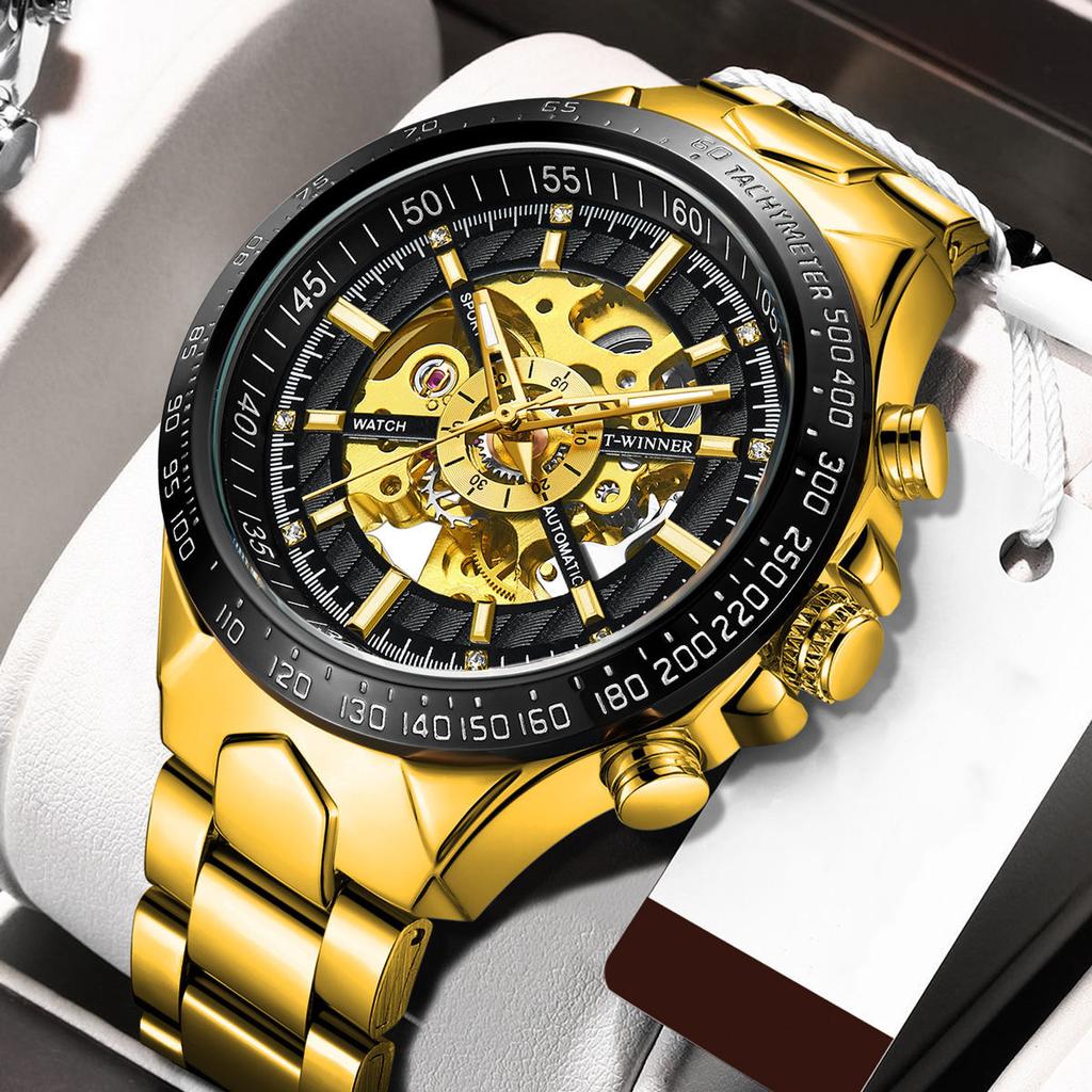 Vollautomatische mechanische Herrenuhr mit Hohlgehäuse, wasserdicht, leuchtende Diamantuhr, europäischer und amerikanischer Stil, vollautomatische mechanische Herrenuhr