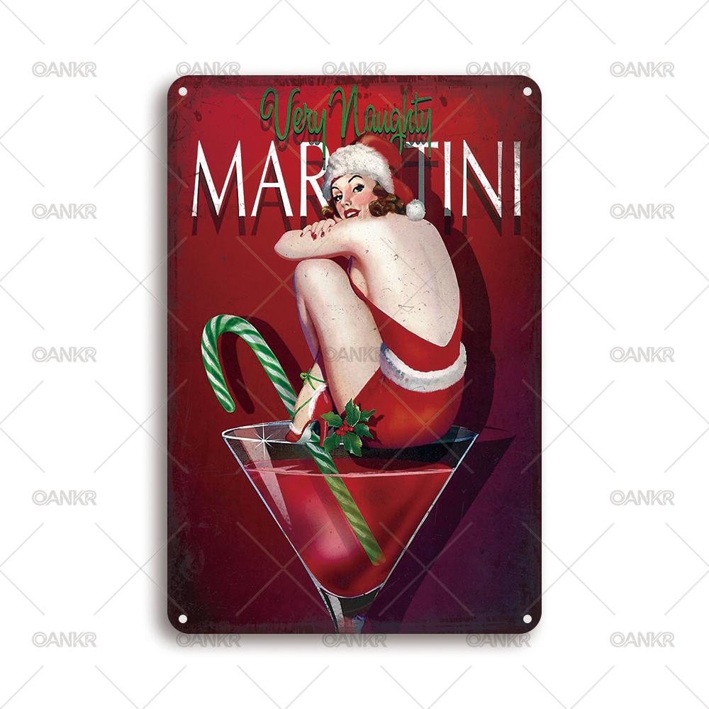 Vintage Art Cocktail Poster Metal Tin Sign Christmas Woman Martini Cocktail Metal Signs for Home Pub Bar Wall Decor Plaque 20x30cm(7.8x11.8inch)