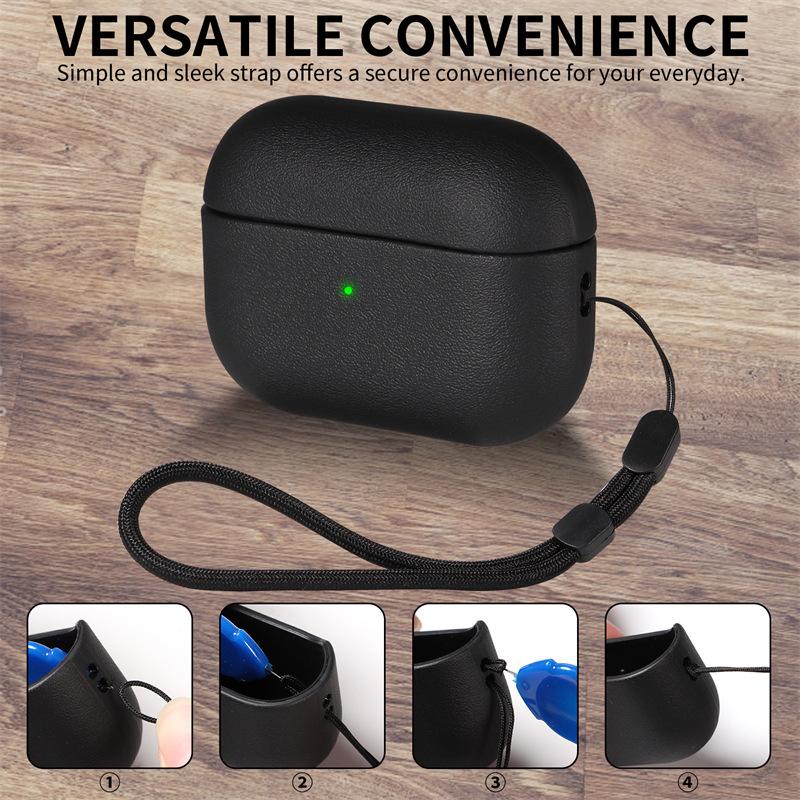 Leather Patterned Protective Case for Apple AirPods pro 2 / AirPods 4 Bluetooth Earphone Accessory Cover with Lanyard